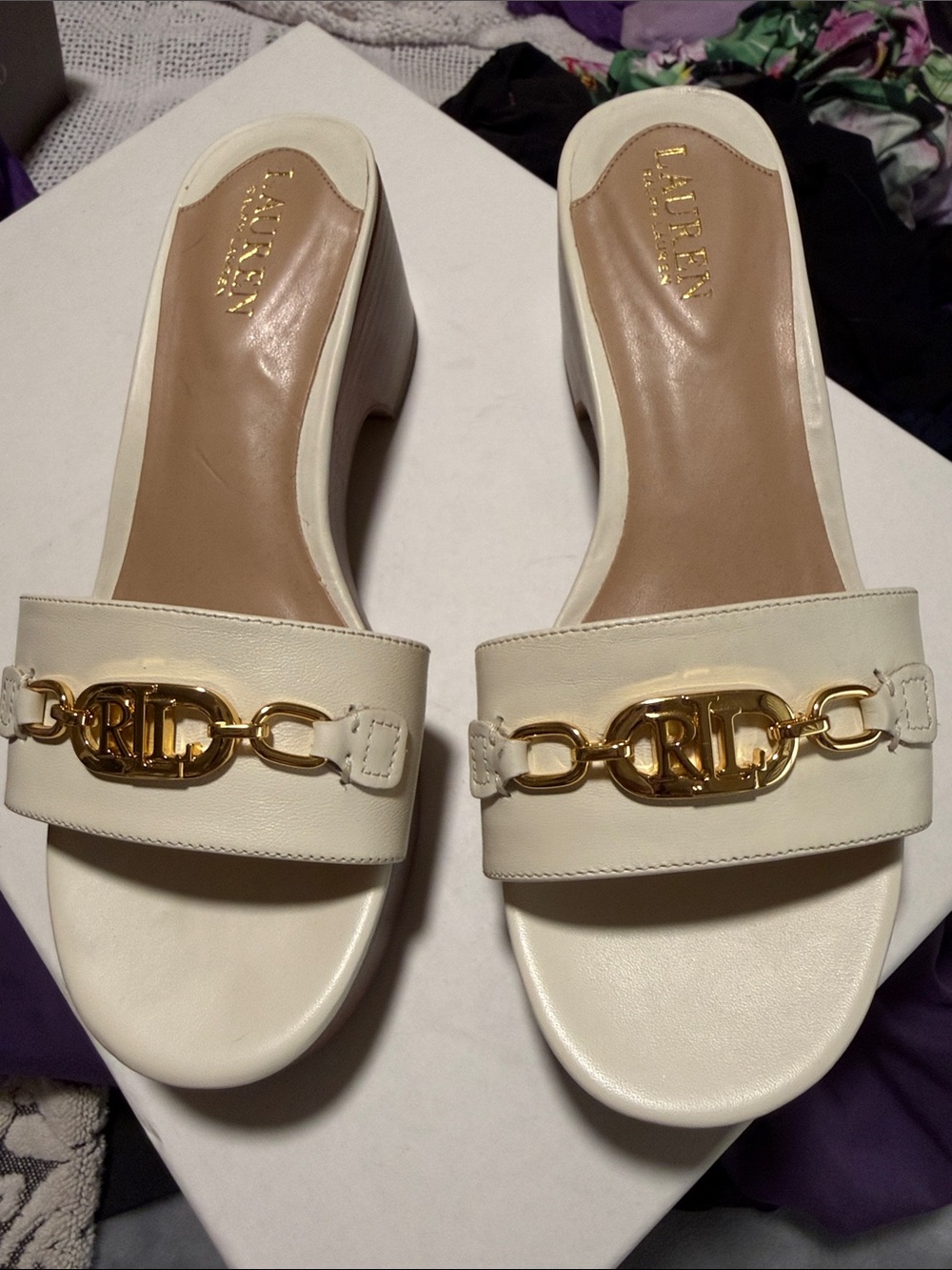 Lauren Ralph Lauren Roxanne Cream Leather Slide Mules with Gold Logo Chain